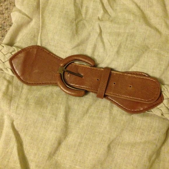 Tan strapless dress w/ woven belt - Picture 2 of 2