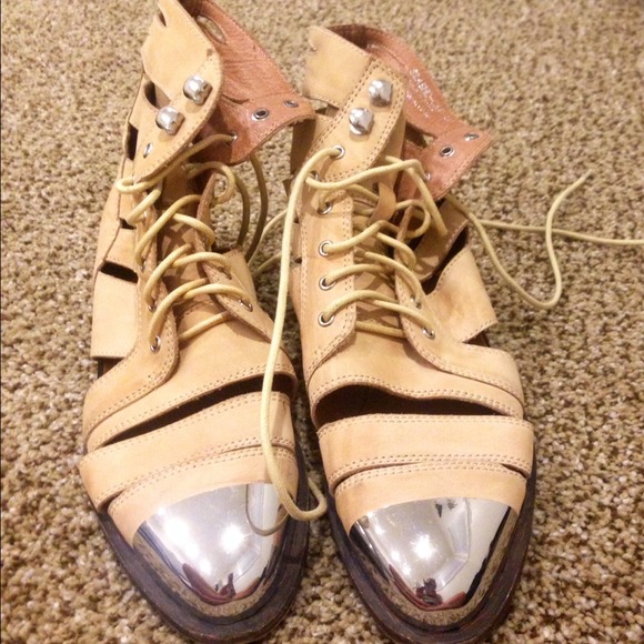 Jeffrey Campbell tan slashed combat boots