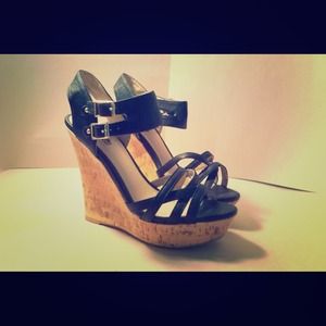 Black ankle strap cork wedges