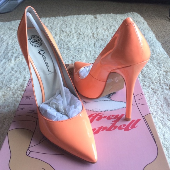 Jeffrey Campbell peach patent leather pump.