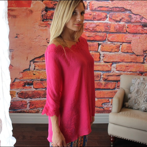Hot pink lace trim top - Picture 3 of 4
