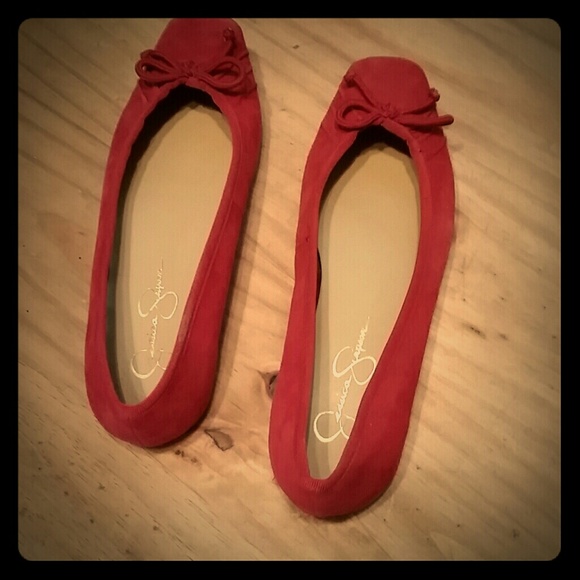 Red suede ballet flats by Jessica Simpson