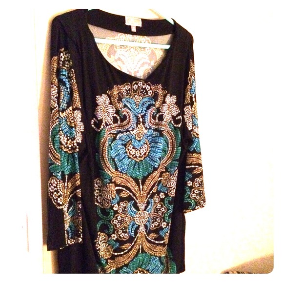 Black print tunic, plus size. Blue, turq., green