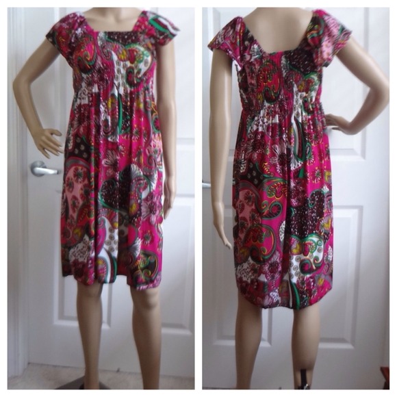 stretch pink flower print casual dress - Picture 2 of 4