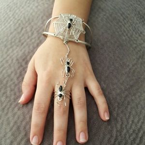 Vintage Silver Spider Web Slave Bracelet Set