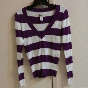 Purple and White Stripwd V-Neck Sweater from So