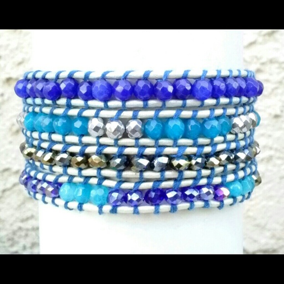 Blue Sapphire Mix Wrap Bracelet on Pearl Leather.