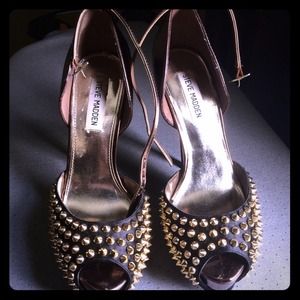Gold studded bronze and black pumps