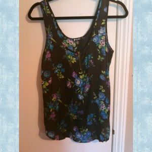 Black, blue, purple flowered blouse