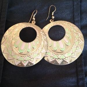 Gold earrings with green and pink tribal accent