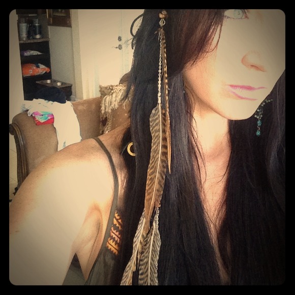 Brown and black feather headband w gold detail