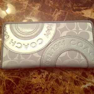 Grey fabric/leather coach wallet used