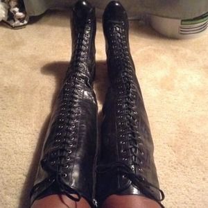 Military inspired lace up knee high boots