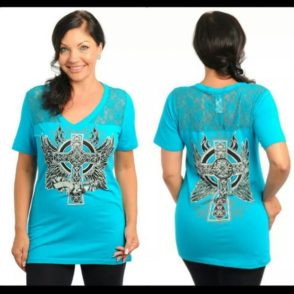Turquoise BLING & Lace Cross Top