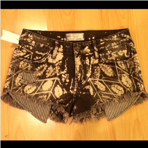 FP NEW Black Denim Printed Fringe Casual Shorts - Picture 3 of 4