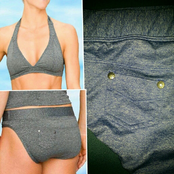 Athleta swimsuit denim look pocket hipster halter
