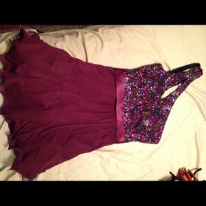 Purple and multicolored sequin homecoming dress