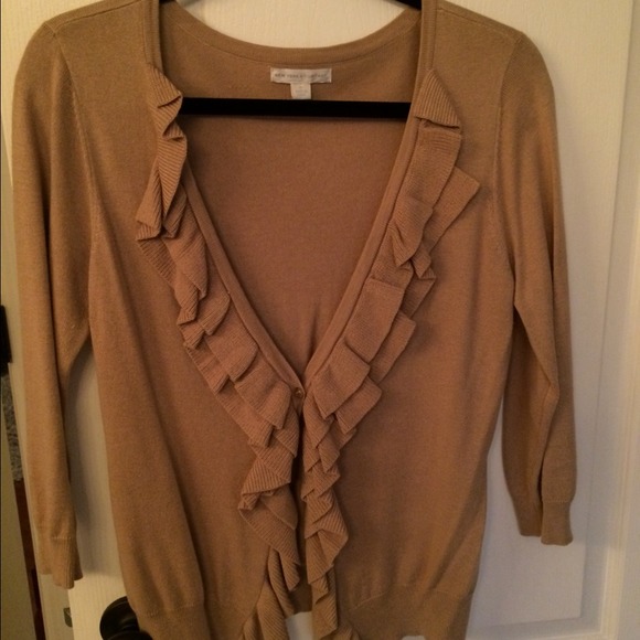 Ruffled front caramel colored cardigan.