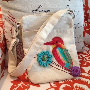 Cream Colored Embroidered Bird Purse