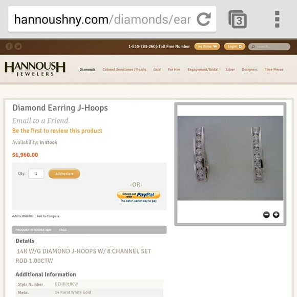 *SOLD* Diamond & White Gold J-Hoop Earrings. - Picture 2 of 2