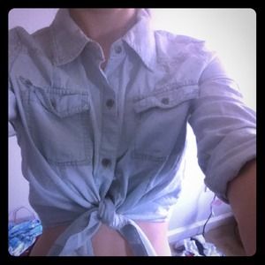 Forever 21 long sleeve tie blue denim blouse