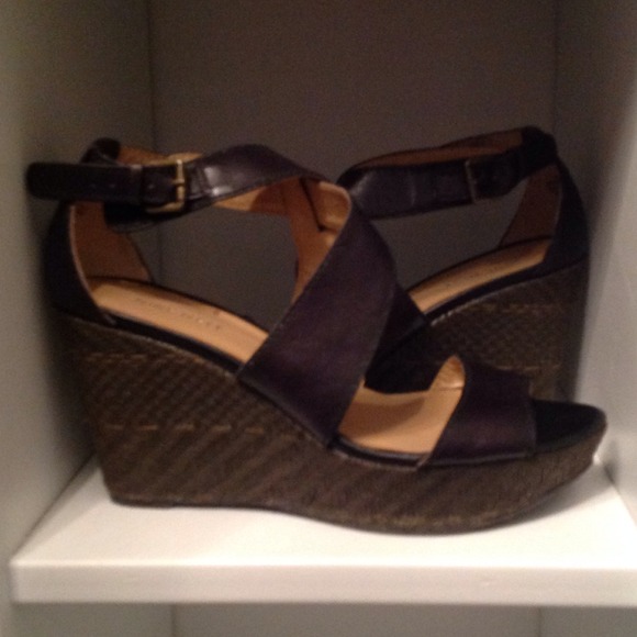 Black wedges with brown woven heel