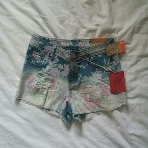 Denim floral acid wash shorts