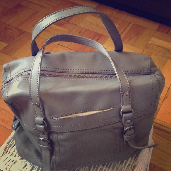 grey leather / cloth handle handbag