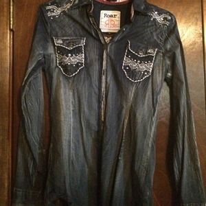 Roar distressed button up shirt m exc cond