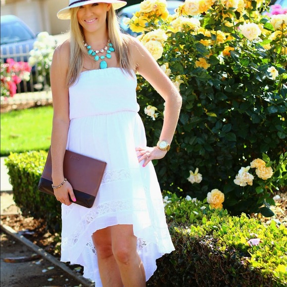 Strapless High Low Blouson Dress Lace Detail