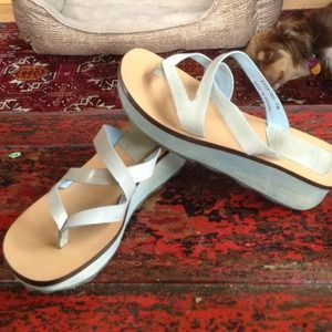Blue leather wedge sandals