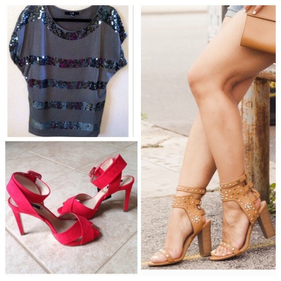 Zara Shoes - BUNDLE: Red Heels / Tan Studded Heels / Sequin Top