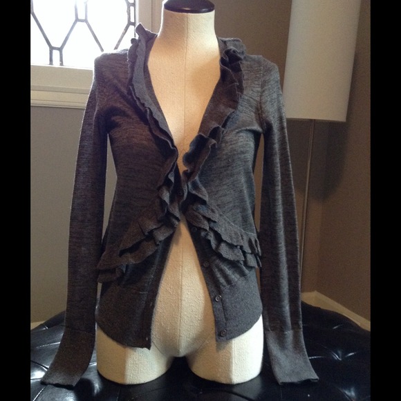 J crew grey ruffle cardigan