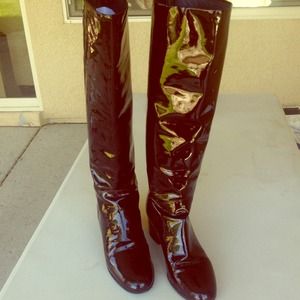 Chanel CC Logo Burgundy Patent Leather Boots