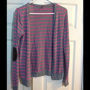Striped pink and gray cardigan with elbow patches