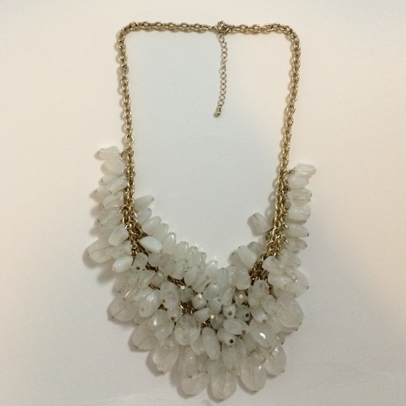 Frosted White Beads & Brass Chain Bib Necklace