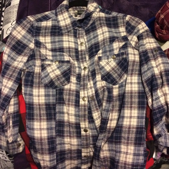 Tops - Navy blue and gray plaid flannel