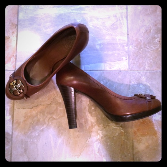 Tory Burch brown leather 4 in heels + navy wedges