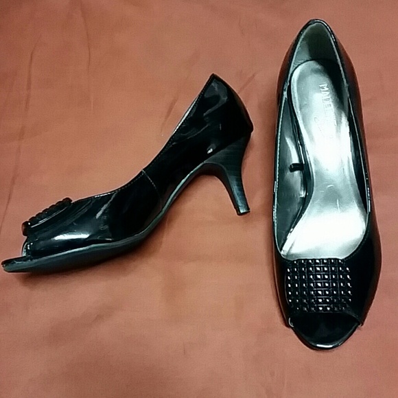 Black patent peep toe heels