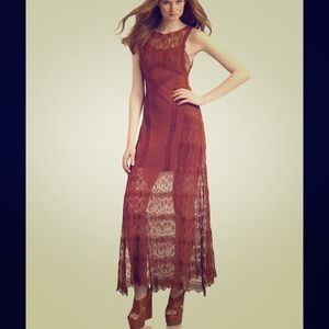 FREE PEOPLE Brown Crochet Maxi Dress w/ Slip, Med
