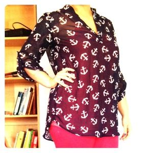 Sheer navy blue anchor top