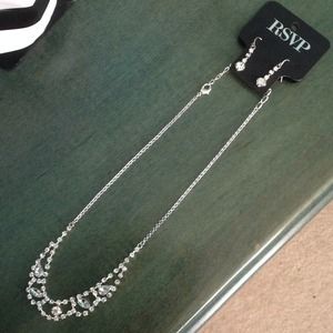 Silver faux diamond bib necklace and drop earrings