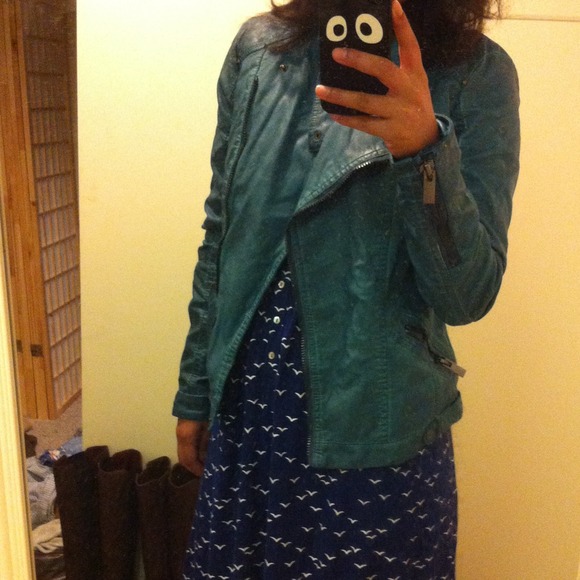 Washed teal faux leather biker jacket SOLD - Picture 2 of 3