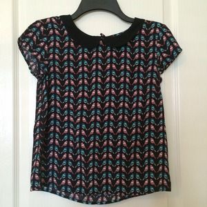 H&M Black Peter Pan Collar Bird Print Shirt