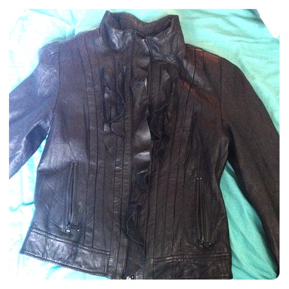 Guess 100% leather jacket with ruffle detail