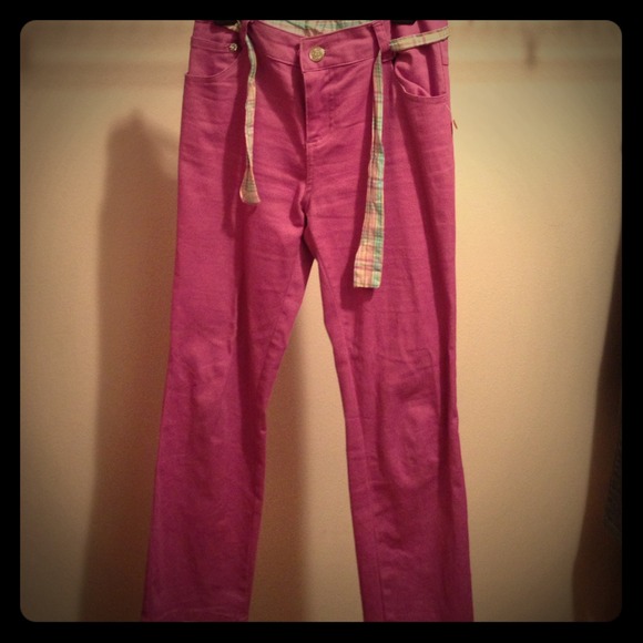 Light purple pants with a nice plaid belt