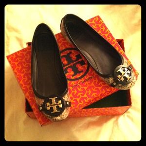 TORY BURCH Snakeskin Leather Logo Ballet Flats 8.5