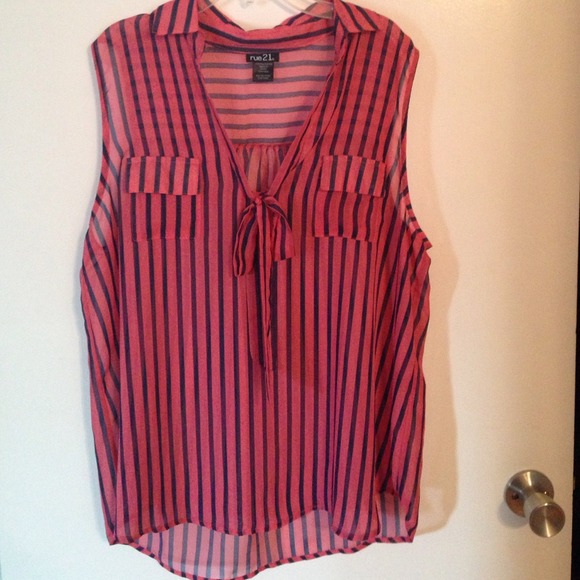 Pink and navy blue short sleeved see-through shirt