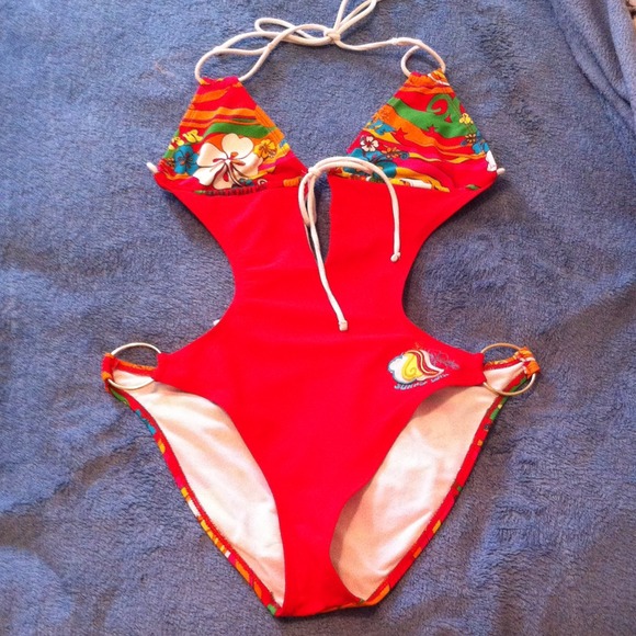 Red one piece bathing