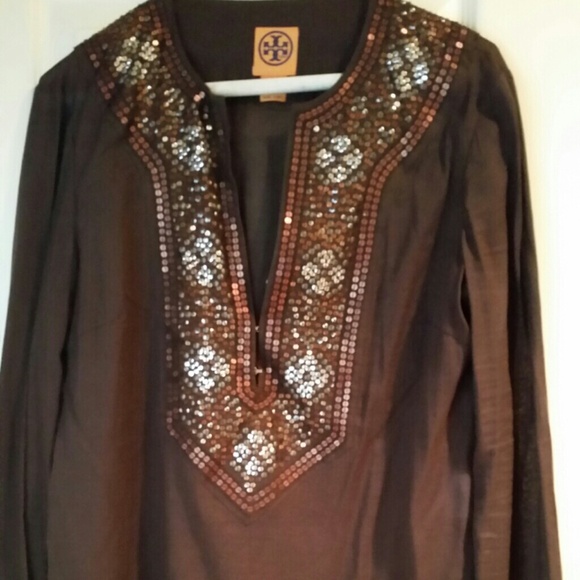 Tory Burch brown embellished tunic. Size 8.